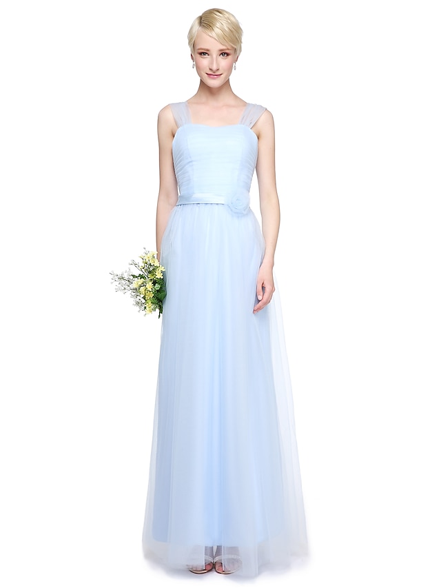  Футляр V-образный вырез В пол Тюль Платье для подружек невесты с Кристаллы