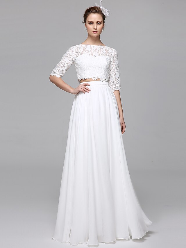  Two Piece A-Line Wedding Dresses Bateau Neck Floor Length Chiffon Corded Lace Half Sleeve Formal Separate Bodies Illusion Sleeve with Draping Appliques 2022