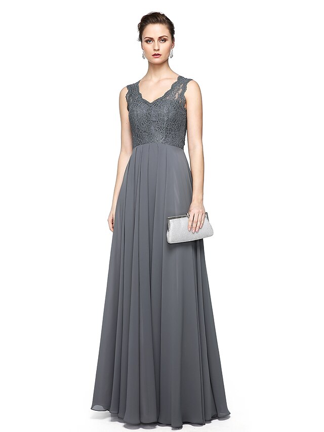 Sheath / Column V Neck Floor Length Chiffon / Lace Dress with Lace by ...