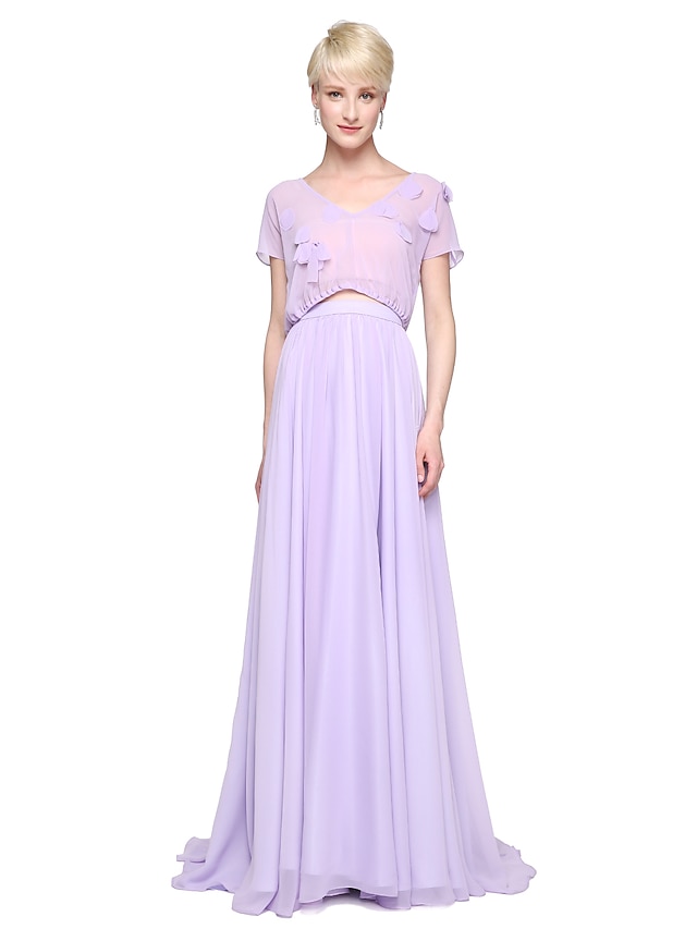  Sheath / Column V Neck Floor Length Chiffon Bridesmaid Dress with Pleats by LAN TING BRIDE®