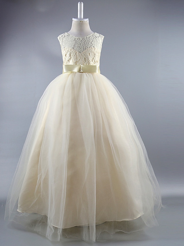  Ball Gown Ankle Length Flower Girl Dresses Wedding Satin Sleeveless Jewel Neck with Lace / First Communion / Beautiful Back / Elegant / See Through