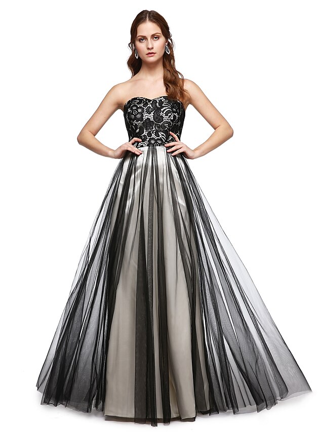  A-Linie Elegant Kleid Formeller Abend Boden-Länge Ärmellos Schatz Ausschnitt Spitze mit Spitze Plissee 2024
