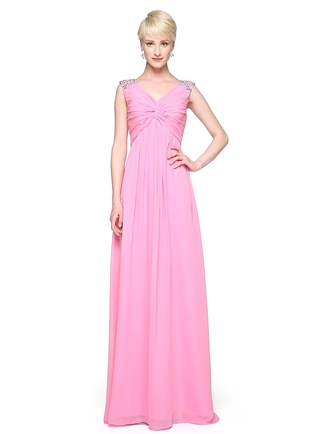  A-Line Bridesmaid Dress V Neck Sleeveless Lace Up Floor Length Chiffon with Beading / Side Draping 2022
