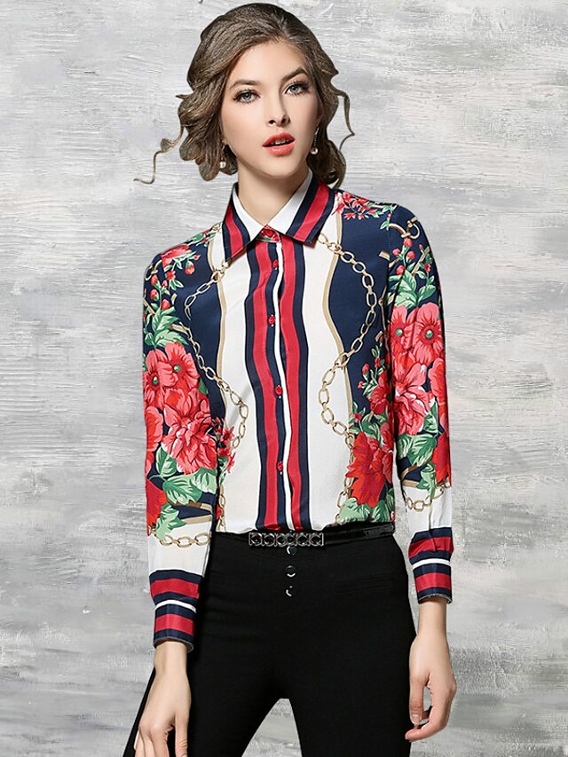  Women's Shirt Floral Shirt Collar Red Daily Work Print Clothing Apparel Cotton Chinoiserie / Winter / Long Sleeve
