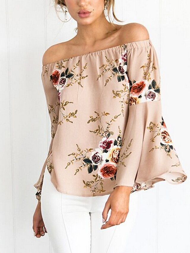  Mujer Blusa Floral Escote Barco Diario Noche Estampado Manga Larga Ajuste regular Tops Sofisticado Blanco Caqui / Sexy