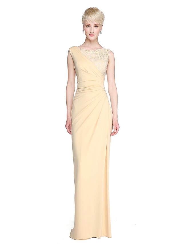  Sheath / Column Bridesmaid Dress Jewel Neck Sleeveless Furcal Floor Length Lace / Jersey with Pleats / Split Front 2022