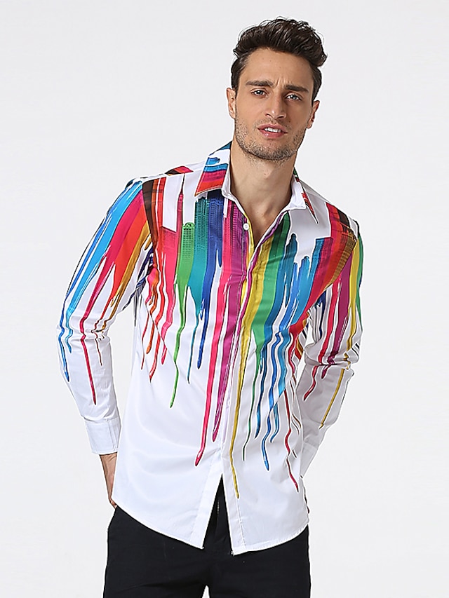  Men's Shirt Rainbow Print Long Sleeve Daily Tops Classic Collar Rainbow