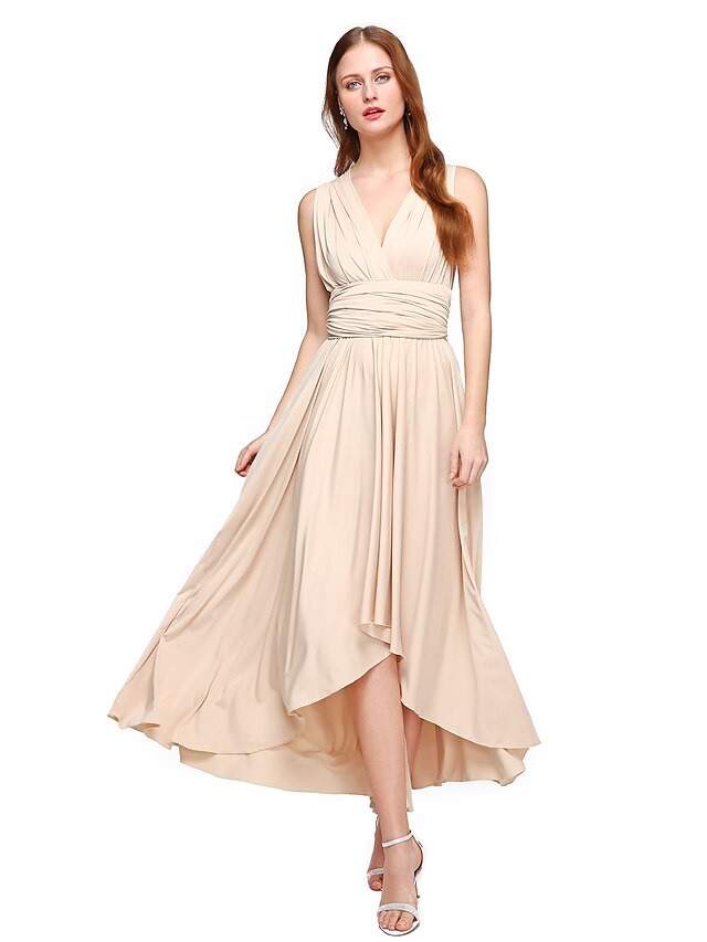  A-Line V Neck Asymmetrical Chiffon / Jersey Bridesmaid Dress with Sash / Ribbon / Pleats / Convertible Dress