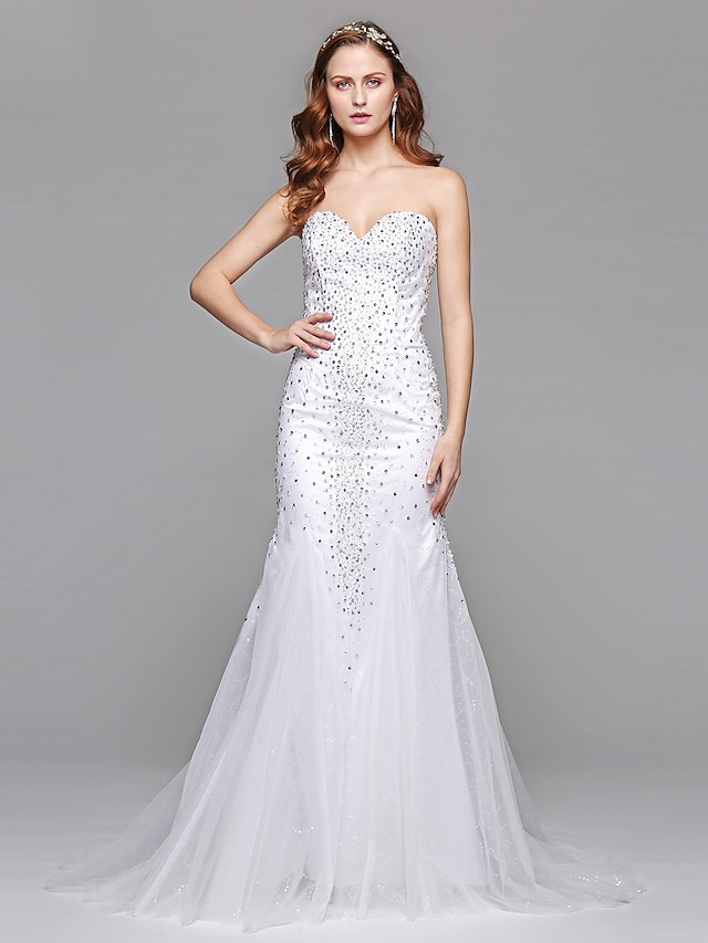  שמלות חתונה מעטפת \ עמוד לב (סוויטהארט) סטרפלס עד הריצפה טול שמלות כלה עם חרוזים 2023