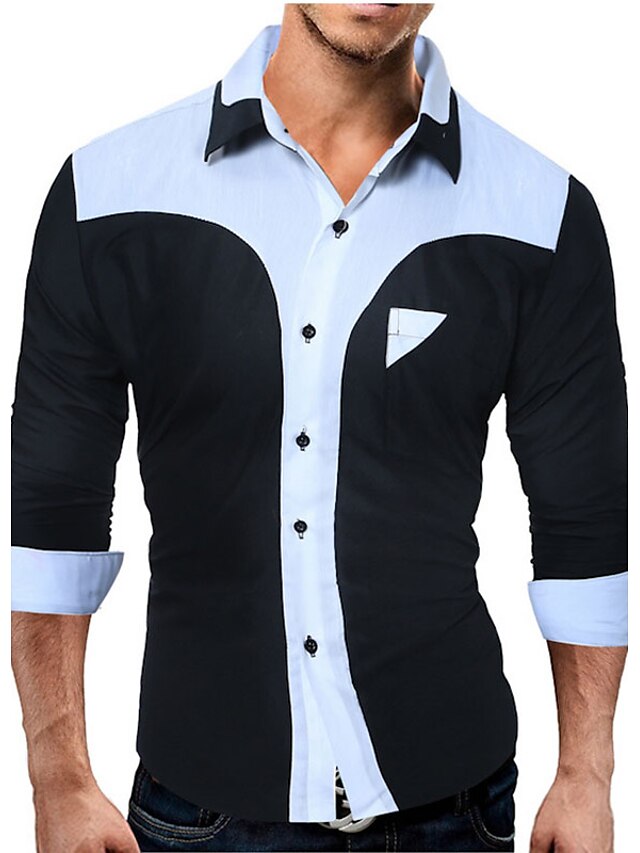  Men's Daily Cotton Shirt - Color Block Classic Collar Black / Long Sleeve / Spring / Fall