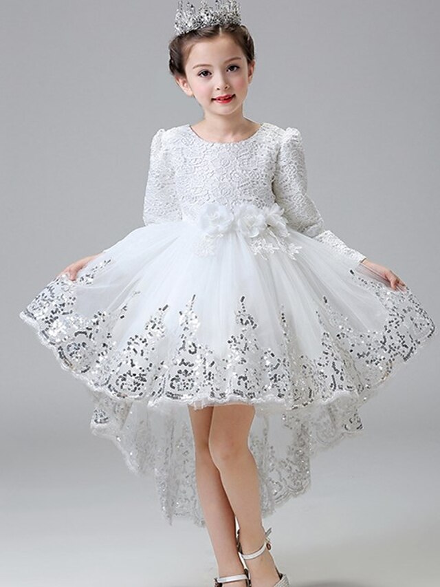  Ball Gown Asymmetrical Flower Girl Dress - Lace Satin Tulle Long Sleeves Jewel Neck with Sequin by YDN