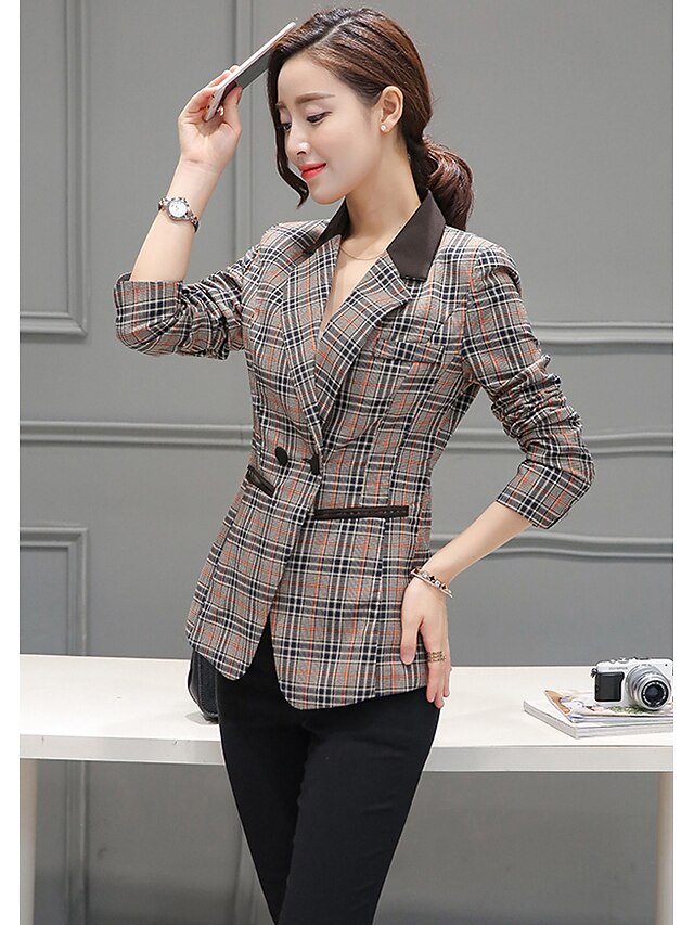  Mulheres Terno Simples Houndstooth Colarinho de Camisa / Primavera / Outono