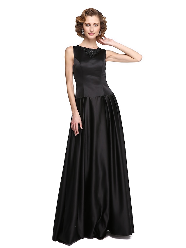  A-Line Jewel Neck Floor Length Stretch Satin Mother of the Bride Dress with Beading / Appliques / Draping by LAN TING BRIDE®