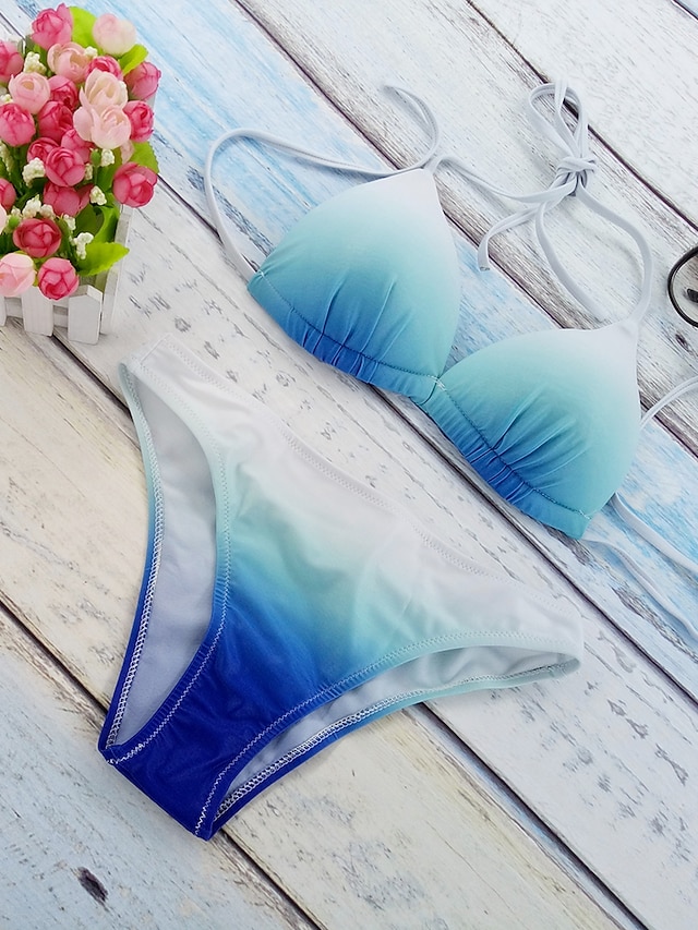  Women's Swimwear Bikini Petite Swimsuit Print Color Block Blue Halter Neck Bathing Suits Bandage