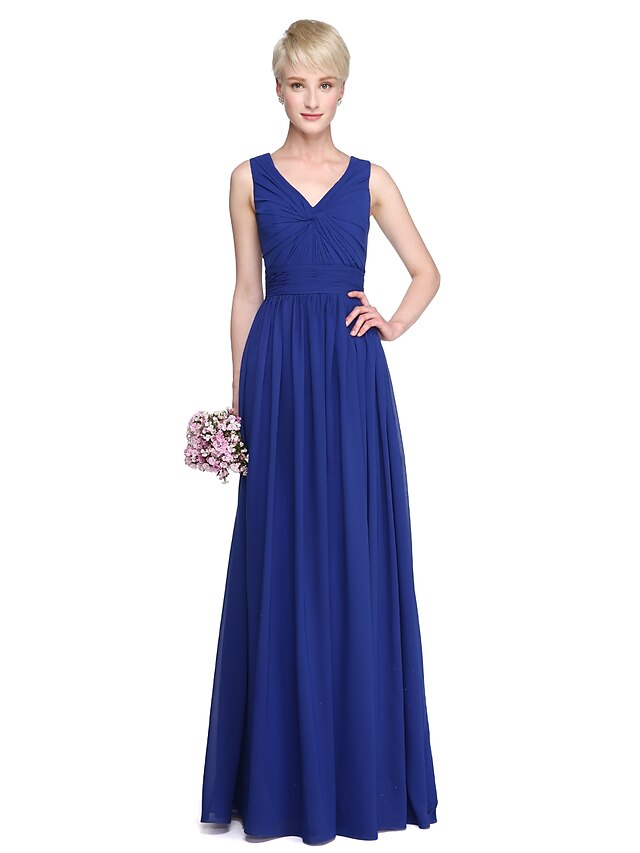  A-Line V Neck Floor Length Georgette Bridesmaid Dress with Side Draping / Criss Cross by LAN TING BRIDE®