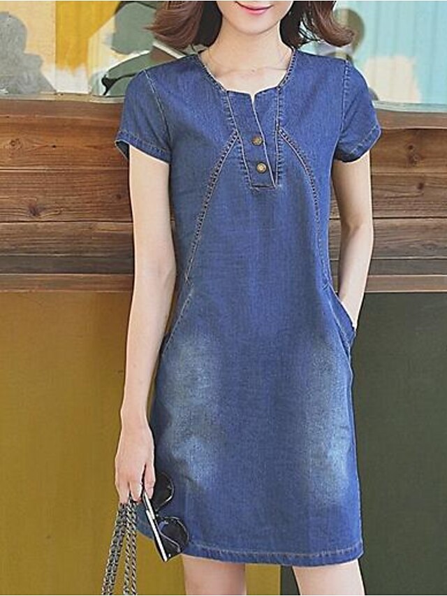  Women's Plus Size A Line / Denim Dress - Solid Color Blue High Waist / Summer