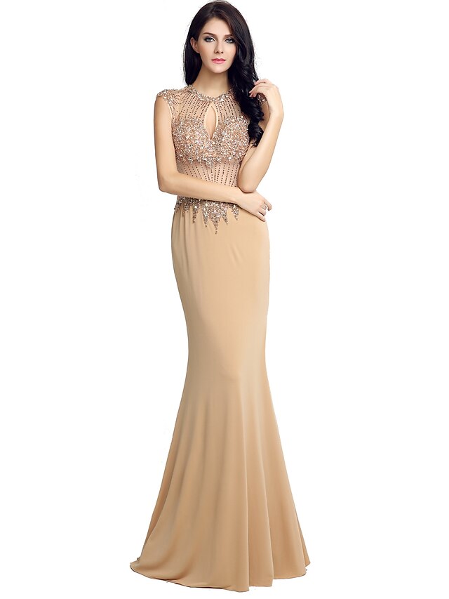  Mermaid / Trumpet Jewel Neck Floor Length Jersey Formal Evening Dress with Beading by Sarahbridal