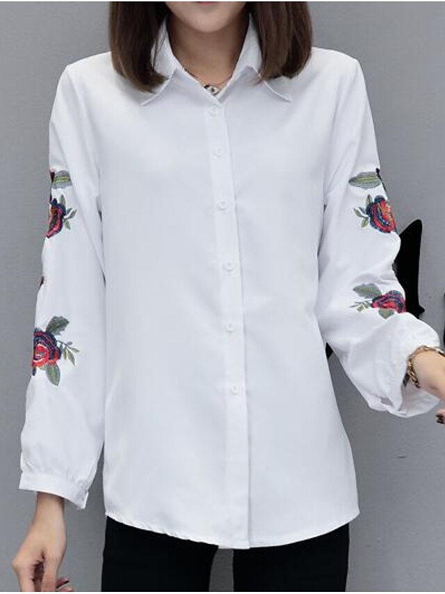  Mujer Simple Bonito Casual/Diario Todas las Temporadas Camisa,Cuello Camisero Un Color A Rayas Bordado Manga Larga Poliéster Medio