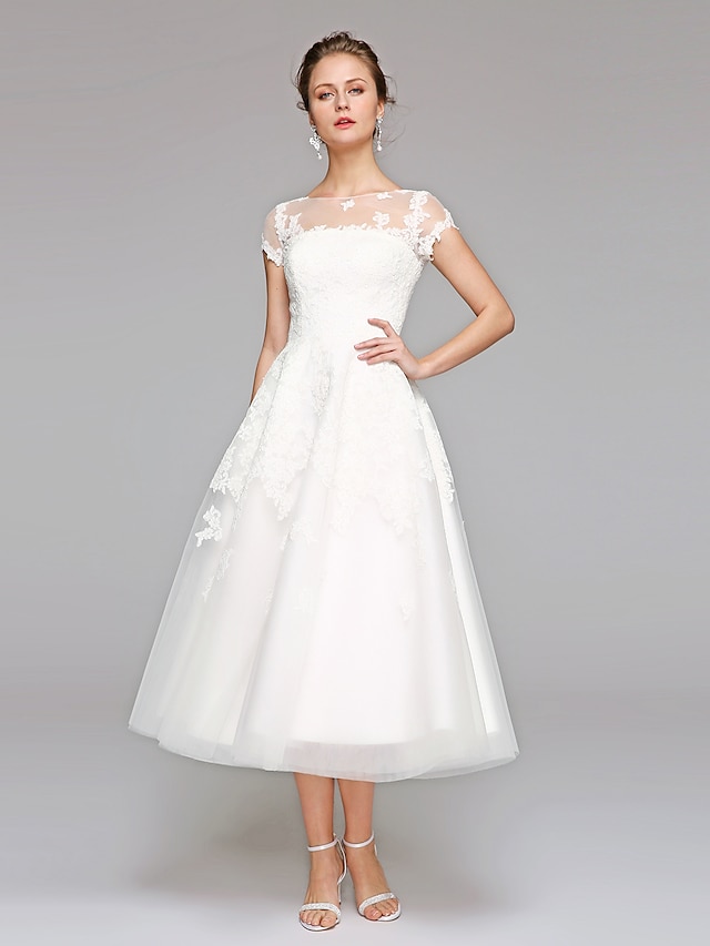  Ball Gown Wedding Dresses Bateau Neck Tea Length Lace Over Tulle Short Sleeve Formal Casual Illusion Detail Cute with Lace Appliques 2022 / Illusion Sleeve