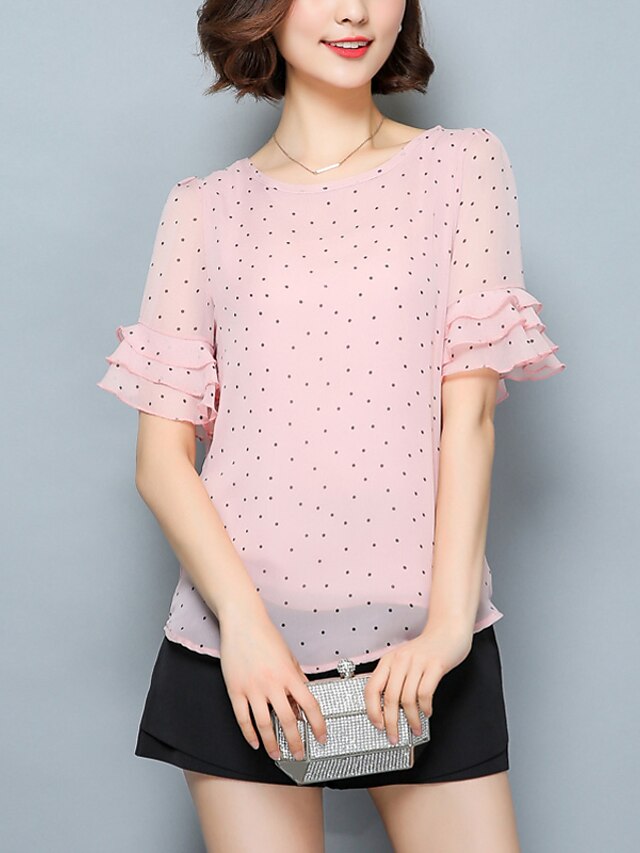  Women's Polka Dot Blouse Short Sleeve Daily Tops White Blushing Pink Navy Blue