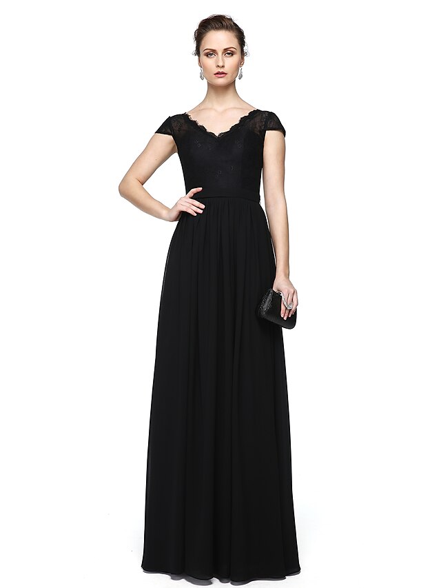  Sheath / Column Minimalist Elegant Formal Evening Wedding Party Dress V Neck Short Sleeve Floor Length Chiffon Lace with Lace Insert 2021