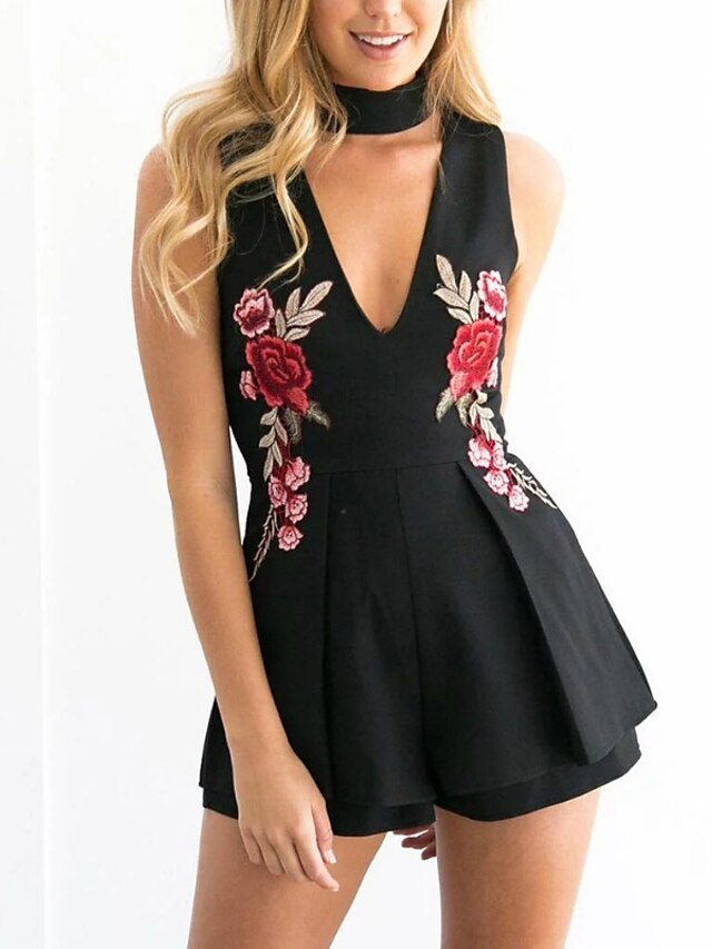  Women's Romper Print Floral Halter Neck Daily Going out Loose Regular Fit Sleeveless White Black S M L