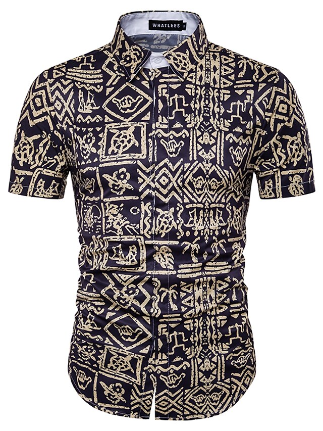  Men's Beach Boho Plus Size Cotton Shirt - Geometric Flower / Print / Short Sleeve