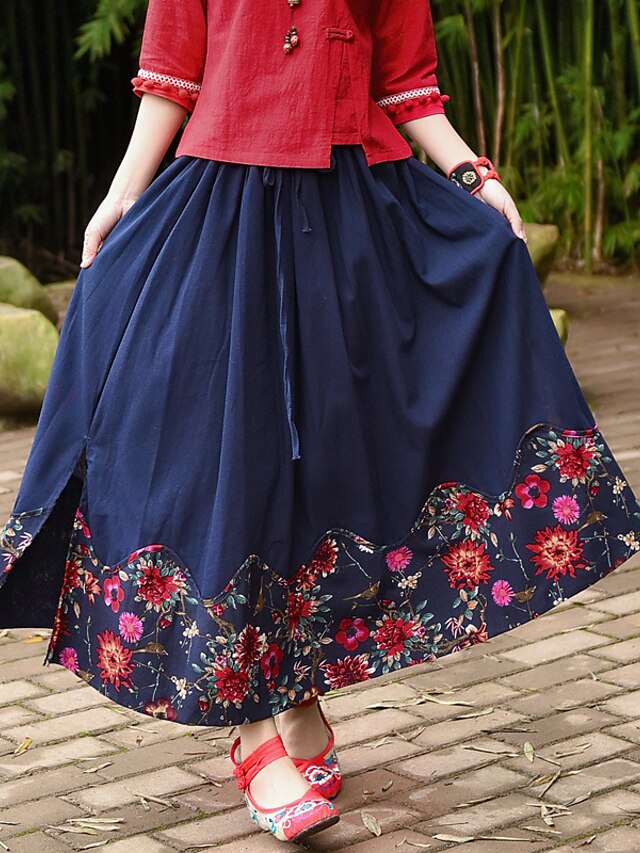  Women's Casual/Daily Midi Skirts,Chinoiserie Swing Floral Summer