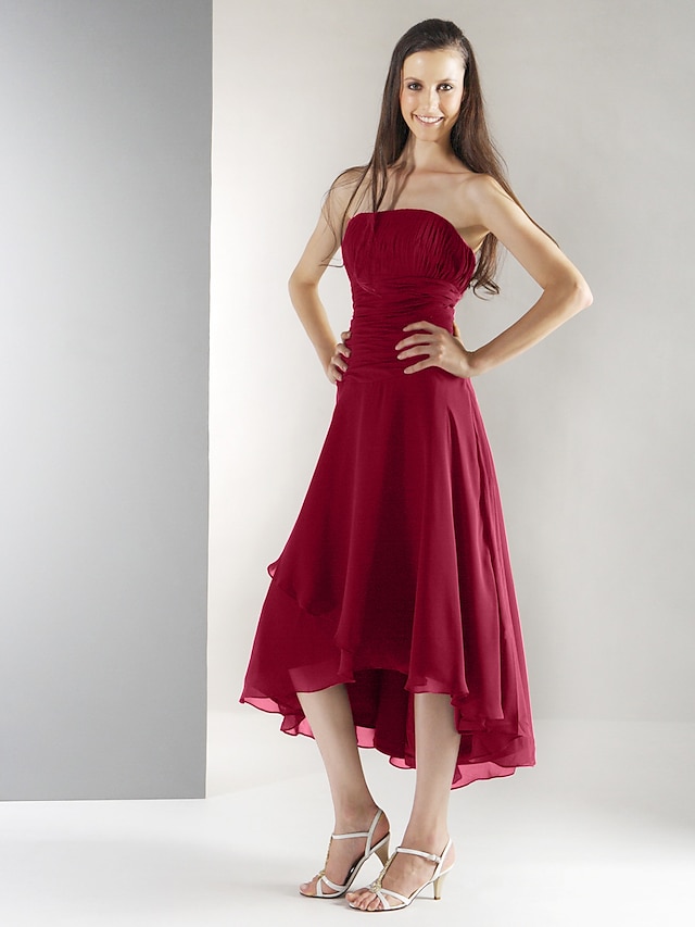  A-Line / Ball Gown Strapless Tea Length / Asymmetrical Chiffon Bridesmaid Dress with Draping / Ruched