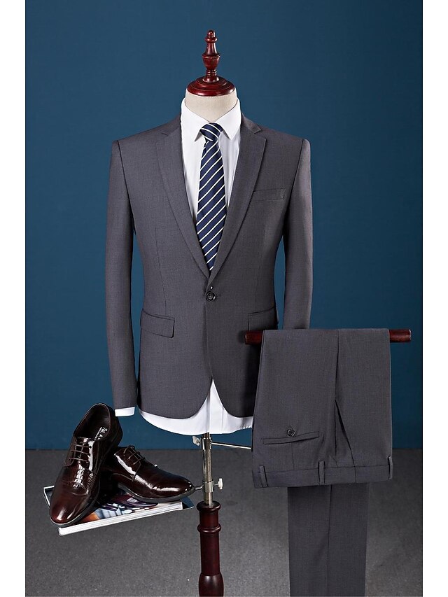  Dark Grey Solid Colored Slim Fit Suit - Notch Single Breasted One-button / Suits