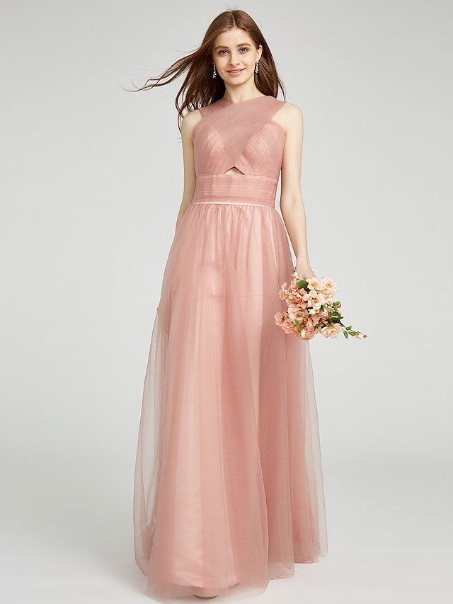  A-Line V Neck Floor Length Tulle Bridesmaid Dress with Criss Cross by LAN TING BRIDE®