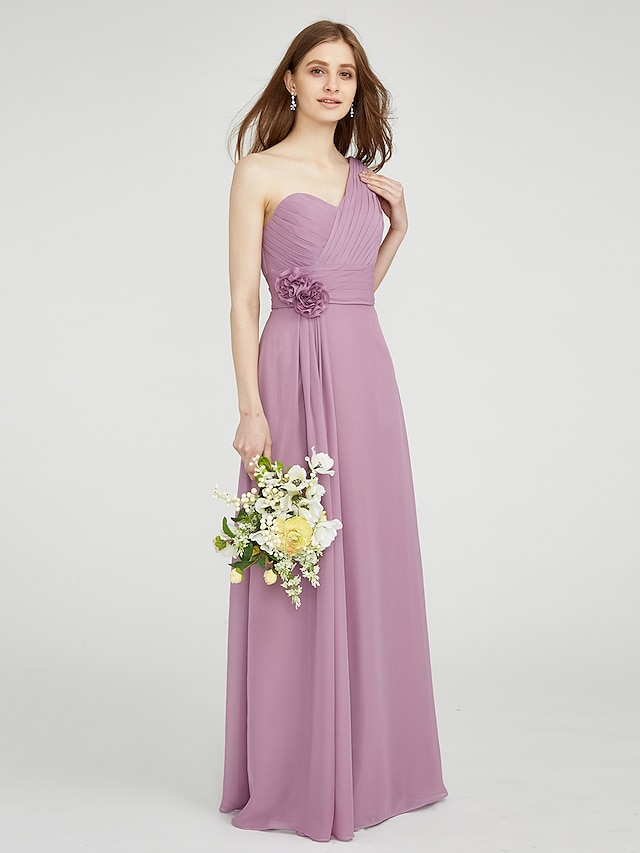  Sheath / Column Bridesmaid Dress One Shoulder Sleeveless Classic & Timeless Floor Length Chiffon with Criss Cross / Ruched / Draping 2022