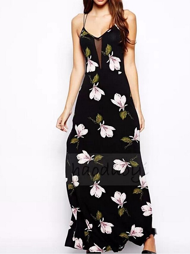  Women's Floral Party / Going out / Casual / Daily Chinoiserie Maxi A Line / Loose / Sheath Dress - Solid Colored / Floral / Print Strap Spring Silk / Cotton Black