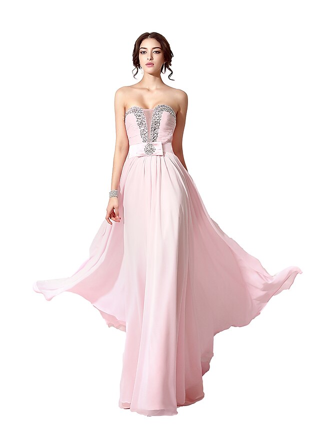  A-Line Sweetheart Neckline Floor Length Chiffon Sparkle & Shine Formal Evening Dress with Beading by