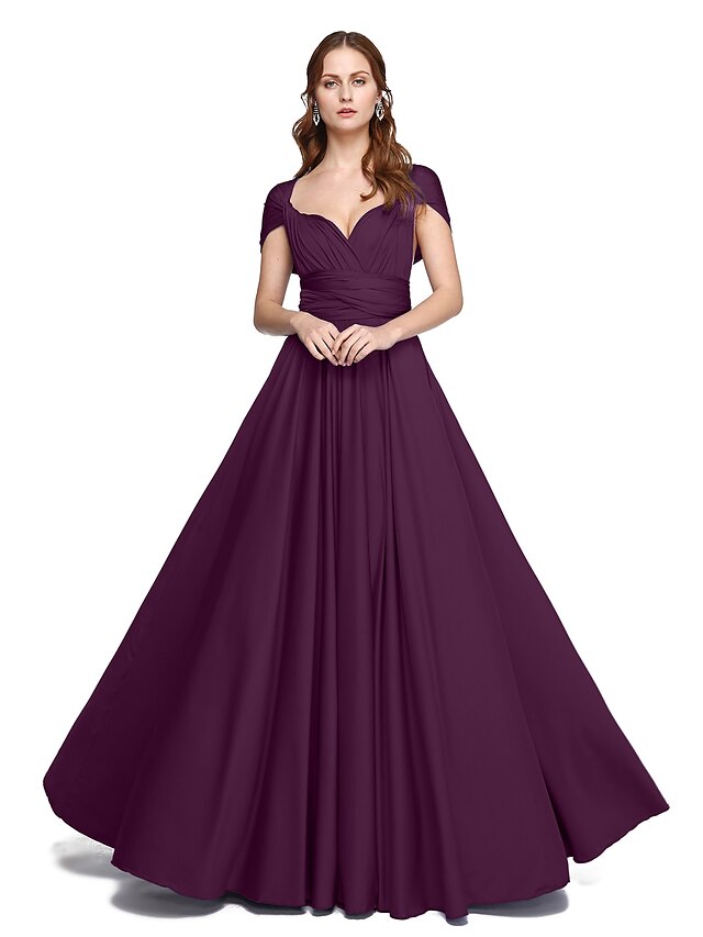  Ball Gown / A-Line Bridesmaid Dress Straps Sleeveless Convertible Dress Floor Length Jersey with Criss Cross / Pleats 2022