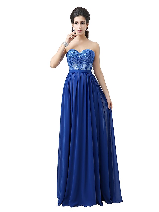  A-Line Sweetheart Neckline Floor Length Chiffon / Lace Lace Up Formal Evening Dress with Appliques by