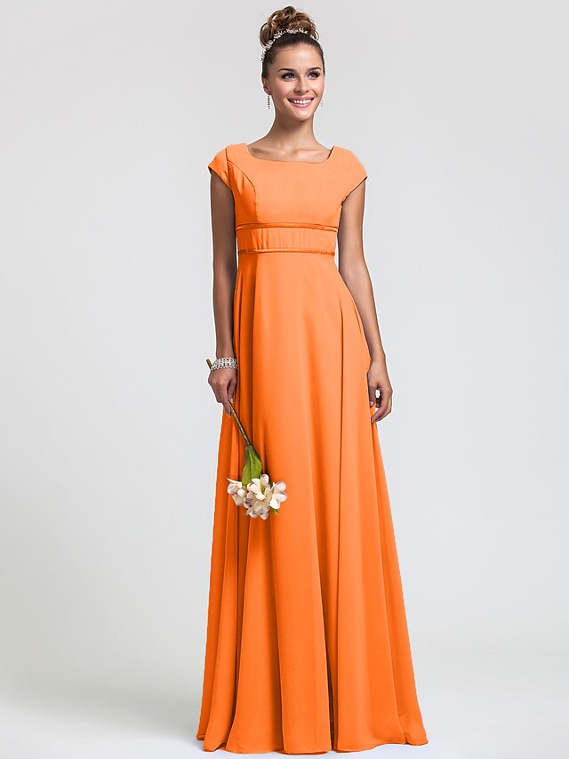  Sheath / Column Bridesmaid Dress Square Neck Short Sleeve Elegant Floor Length Chiffon with Sash / Ribbon / Pleats 2022