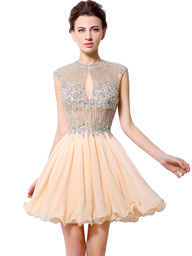  A-Line Open Back Cocktail Party Dress Illusion Neck Sleeveless Short / Mini Chiffon with Crystals Beading 2020