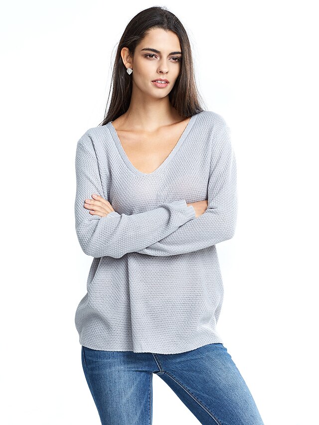  Damen Alltag Solide Langarm Standard Pullover Pullover Jumper, V-Ausschnitt Herbst / Winter Weiß / Purpur / Rosa S / M / L