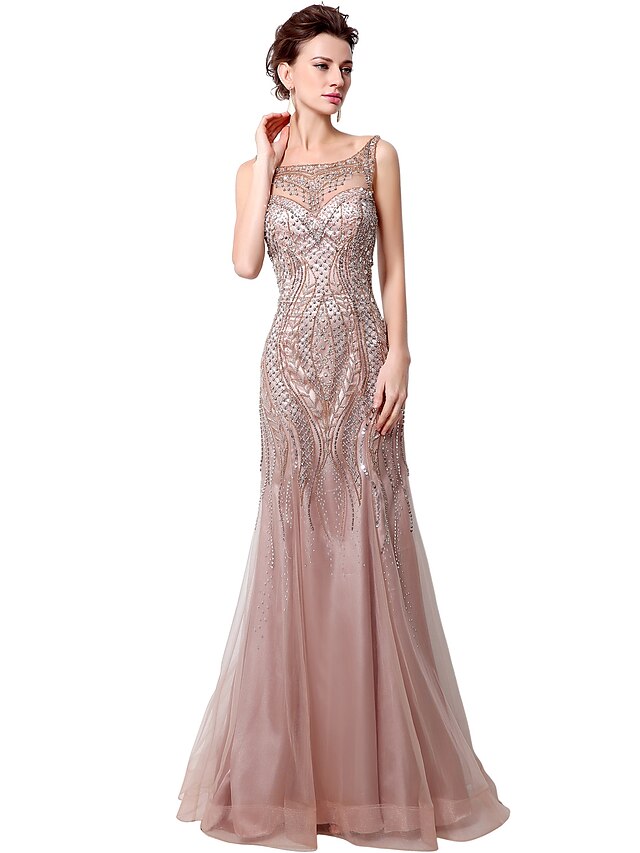  Mermaid / Trumpet Sparkle & Shine Formal Evening Dress Bateau Neck Sleeveless Floor Length Tulle with Beading 2020