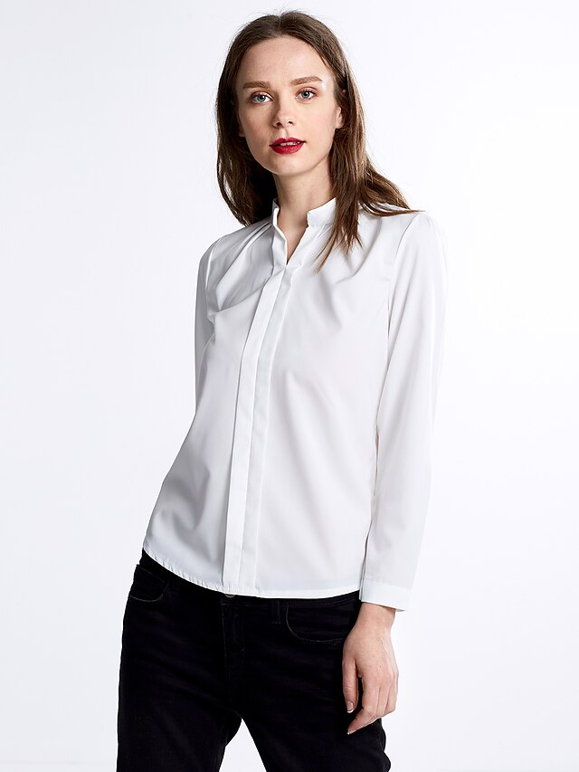  Chemisier Femme, Couleur Pleine Ruché Travail Col en V Blanc L / Printemps