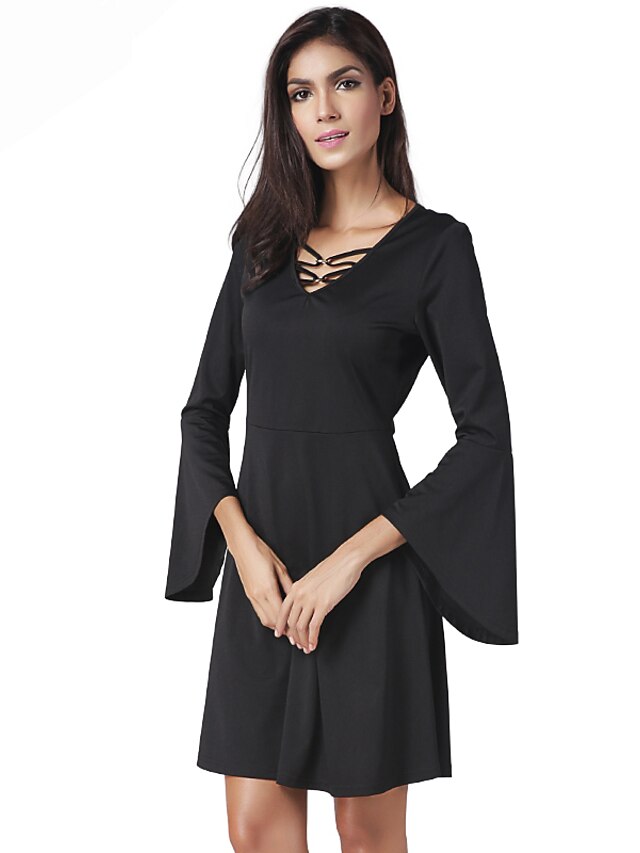  Mulheres Sheath Dress Manga Longa Sólido Primavera Verão Decote V Festa Bandagem luva do alargamento Preto S M L XL XXL