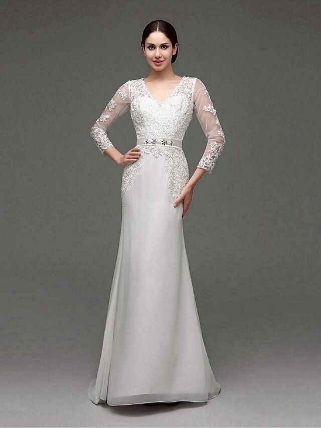  A-Line V Neck Sweep / Brush Train Chiffon / Lace Made-To-Measure Wedding Dresses with Appliques / Sash / Ribbon by LAN TING Express / Illusion Sleeve / See-Through