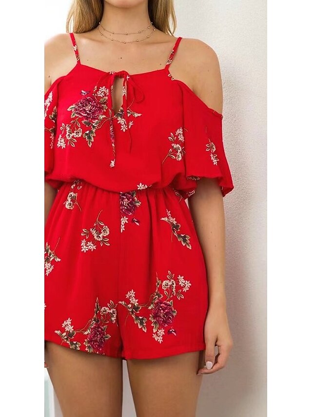 Women's Beach Holiday Cute Floral Print Strap Rompers,Loose Short Sleeve Spring Summer