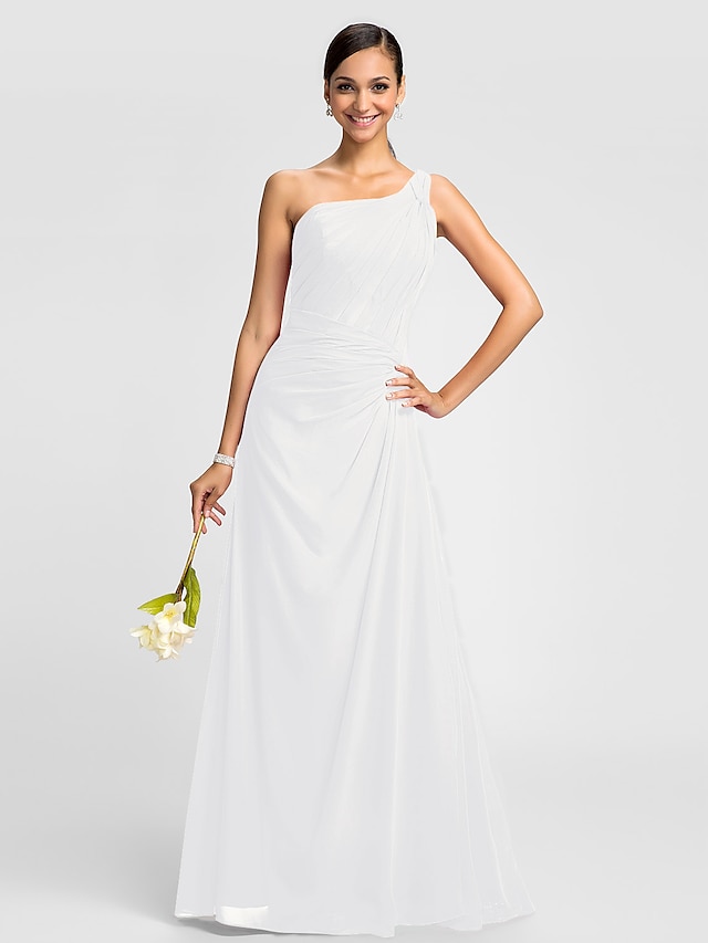  A-Line Bridesmaid Dress One Shoulder Sleeveless Floor Length Chiffon with Criss Cross