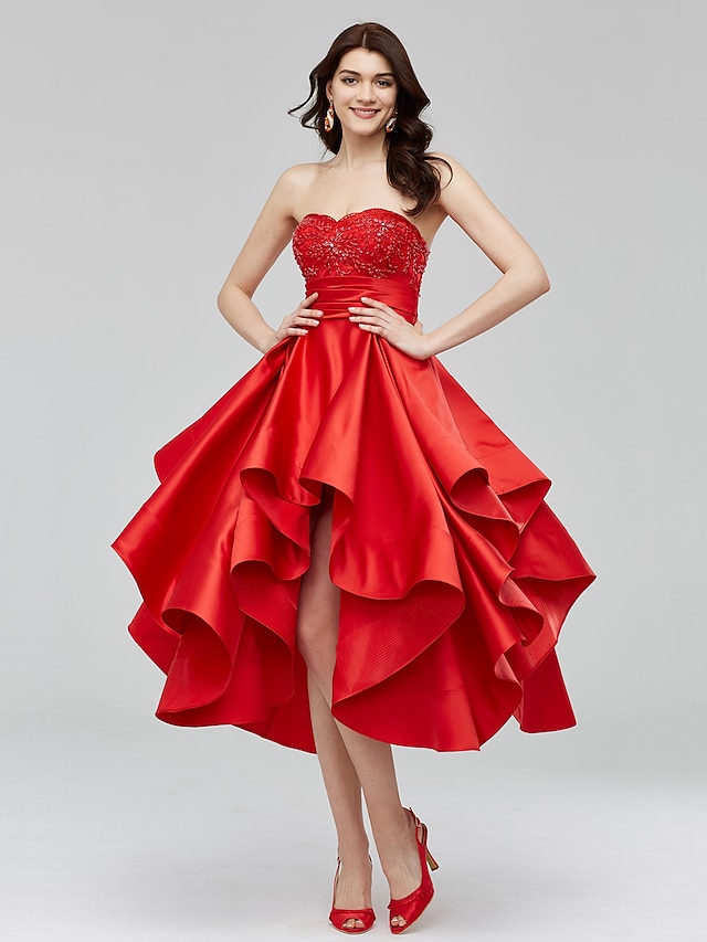  A-Line Fit & Flare Open Back Dress Homecoming Cocktail Party Asymmetrical Sleeveless Sweetheart Satin with Beading Appliques 2024