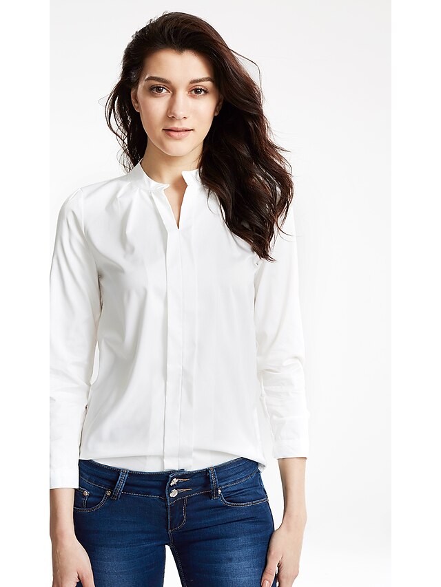  Mulheres Camisa Social Sólido Decote V Branco L / Outono