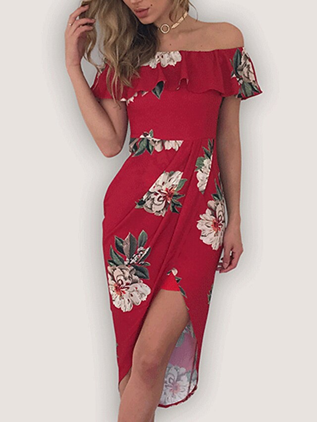  Damen Festtage Ausgehen Sexy Hülle Kleid - Druck, Blumen Asymmetrisch Schulterfrei Rot