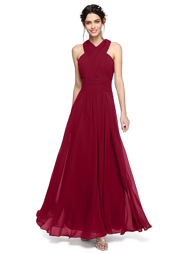  A-Line Bridesmaid Dress Halter / Y Neck Sleeveless Open Back Floor Length Chiffon with Sash / Ribbon / Criss Cross / Ruched 2022