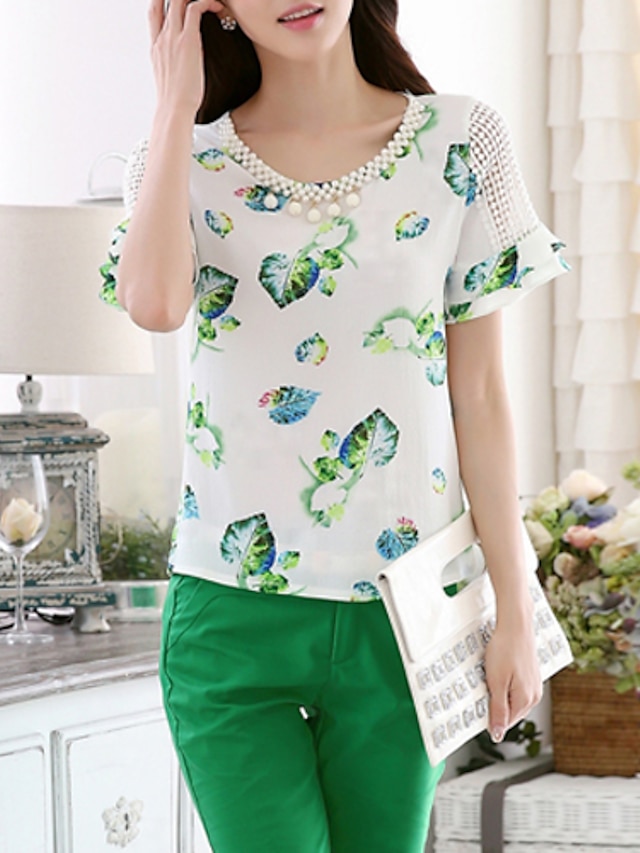  Women's Daily Going out Casual Summer Fall Blouse,Floral Round Neck Short Sleeves Silk Cotton